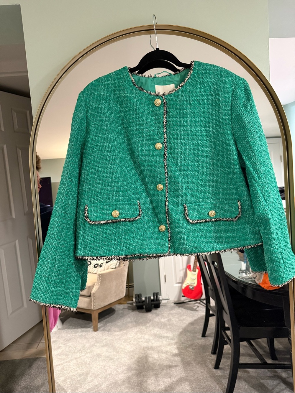 H&M Emerald Green Tweed Boucle Blazer with Gold Buttons